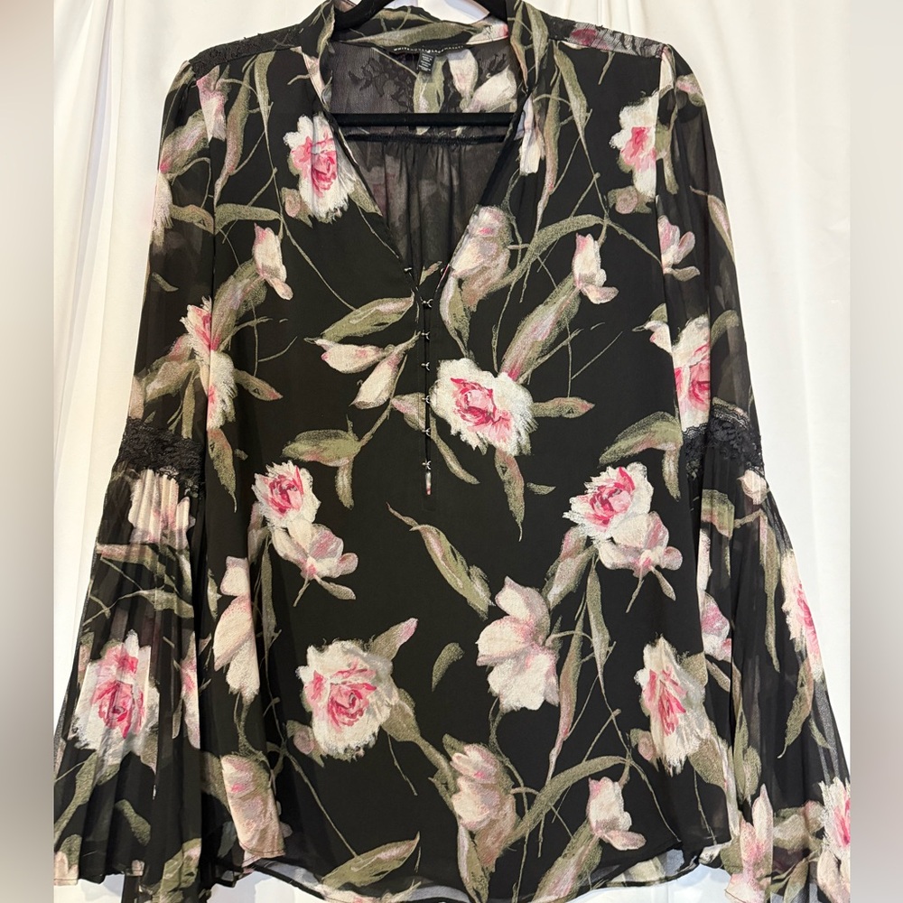 WHBM Black Gabrielle Black and Floral Bell Sleeve Shirt